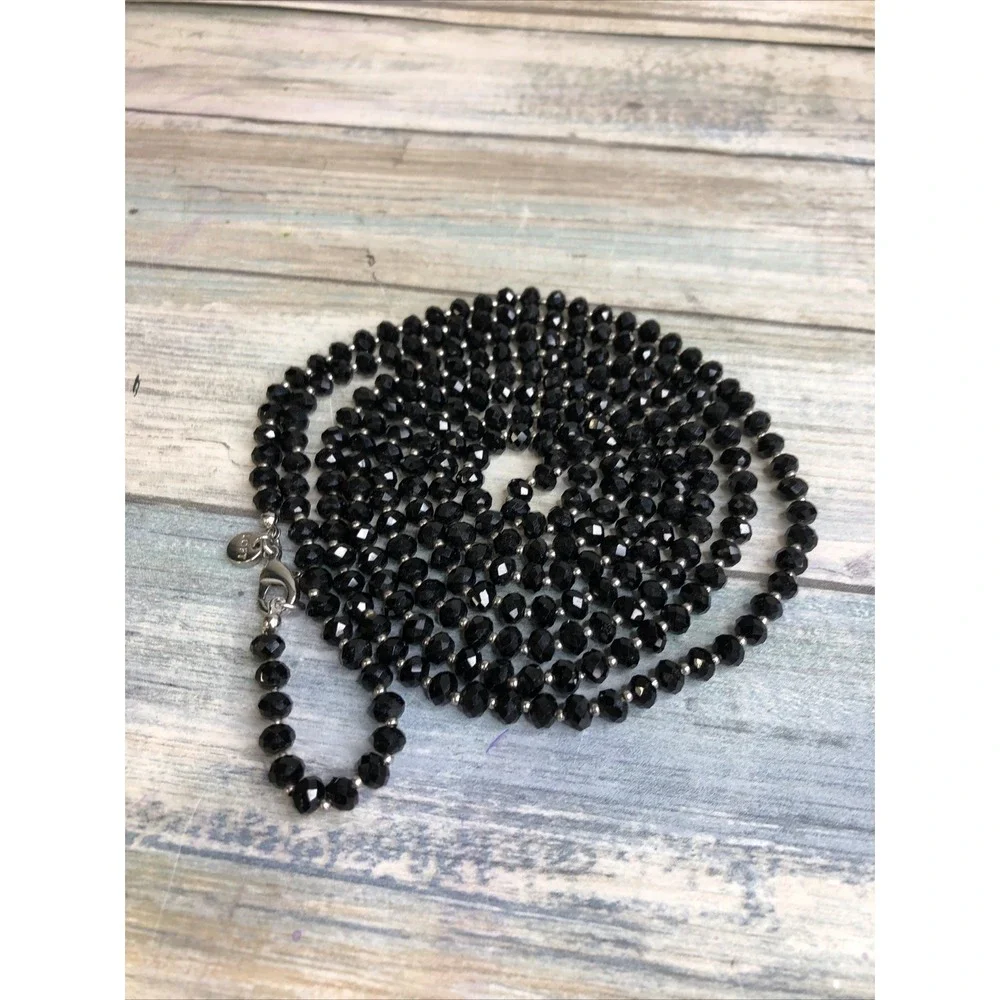 Loft Black Crystal Beads Silver Tone Necklace 60 inch Flapper‎ NWOT